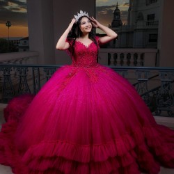 Customized Hot Pink Quinceanera Dress Tiered Ball Gown Gold Lace Applique Sweet 16 Vestidos De 15 Anos