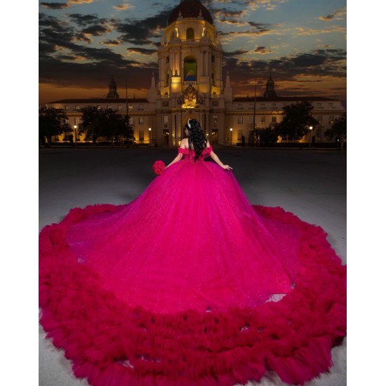 Customized Hot Pink Quinceanera Dress Tiered Ball Gown Gold Lace Applique Sweet 16 Vestidos De 15 Anos