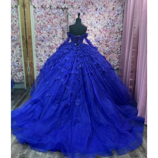 Long Sleeve Blue Quinceanera Dress 3D Flowers Princess Birthday Party Sweet 16 Dress
