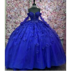 Long Sleeve Blue Quinceanera Dress 3D Flowers Princess Birthday Party Sweet 16 Dress