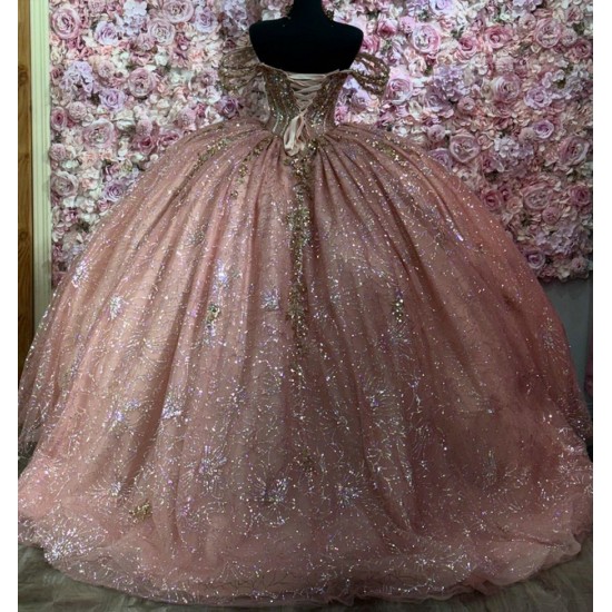 Off Shoulder Rose Gold Quinceanera Dress for Women Sweetheart Neck Crystal Evening Party Gown Sweet 15 Gown