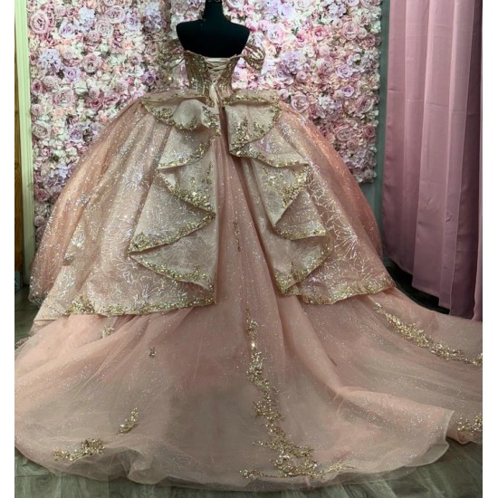 Off Shoulder Rose Gold Quinceanera Dress for Women Sweetheart Neck Crystal Evening Party Gown Sweet 15 Gown