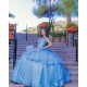Off Shoulder Sky Blue Quinceanera Dress Ball Gown Lace Applique Mexico Sweet 16 Vestido De 15 Anos
