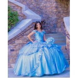Off Shoulder Sky Blue Quinceanera Dress Ball Gown Lace Applique Mexico Sweet 16 Vestido De 15 Anos