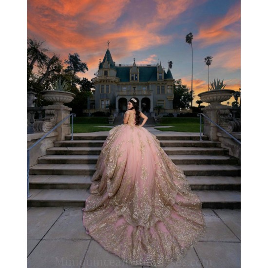 Off Shoulder Rose Gold Quinceanera Dress Lace Appliques Women 2024 Ball Gown Sequin Vestidos De 15 Anos V Neck Wear Pageant