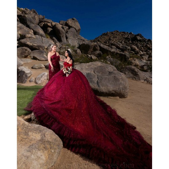 Ruffled Burgundy Quinceanera Dress Sequin Wear Pageant Off Shoulder 2024 Ball Gown Princess Dresses Sweetheart Neck Sweet 15 Gowns