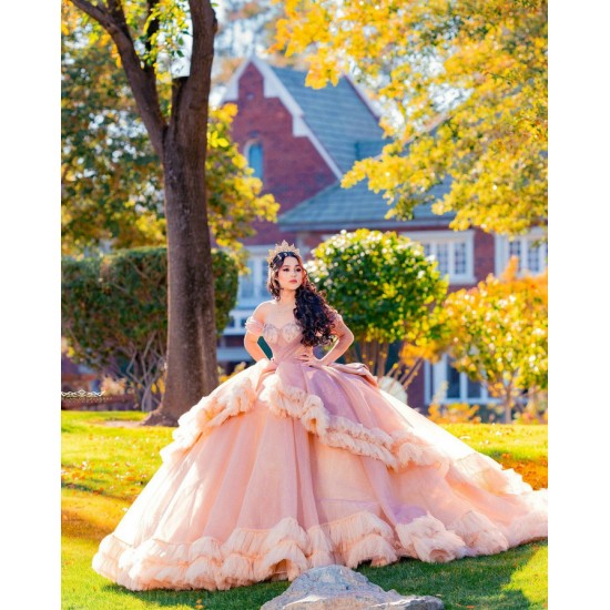 Off Shoulder Quince Dress Rose Gold Vestidos De 15 Anos Sweetheart Neck Birthday Party Dress With Bow