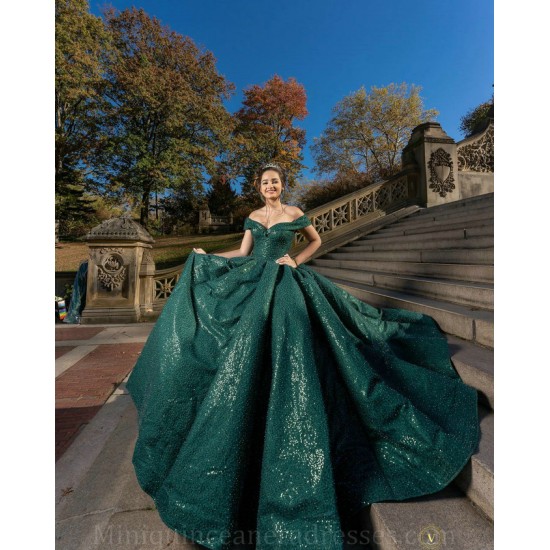 Sequin Vestidos De 15 Anos Off Shoulder Emerald Green Quince Dress Sweetheart Neck Birthday Party Dress