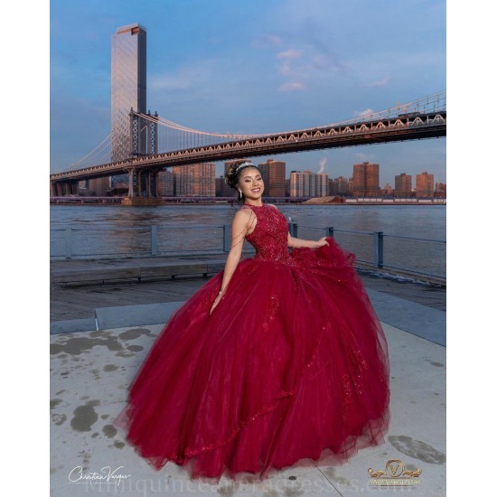 Sleeveless Burgundy Quince Dress Lace Appliques Girls Ball Gown Sweet 16 Dresses Crystal Vestidos De 15 Anos